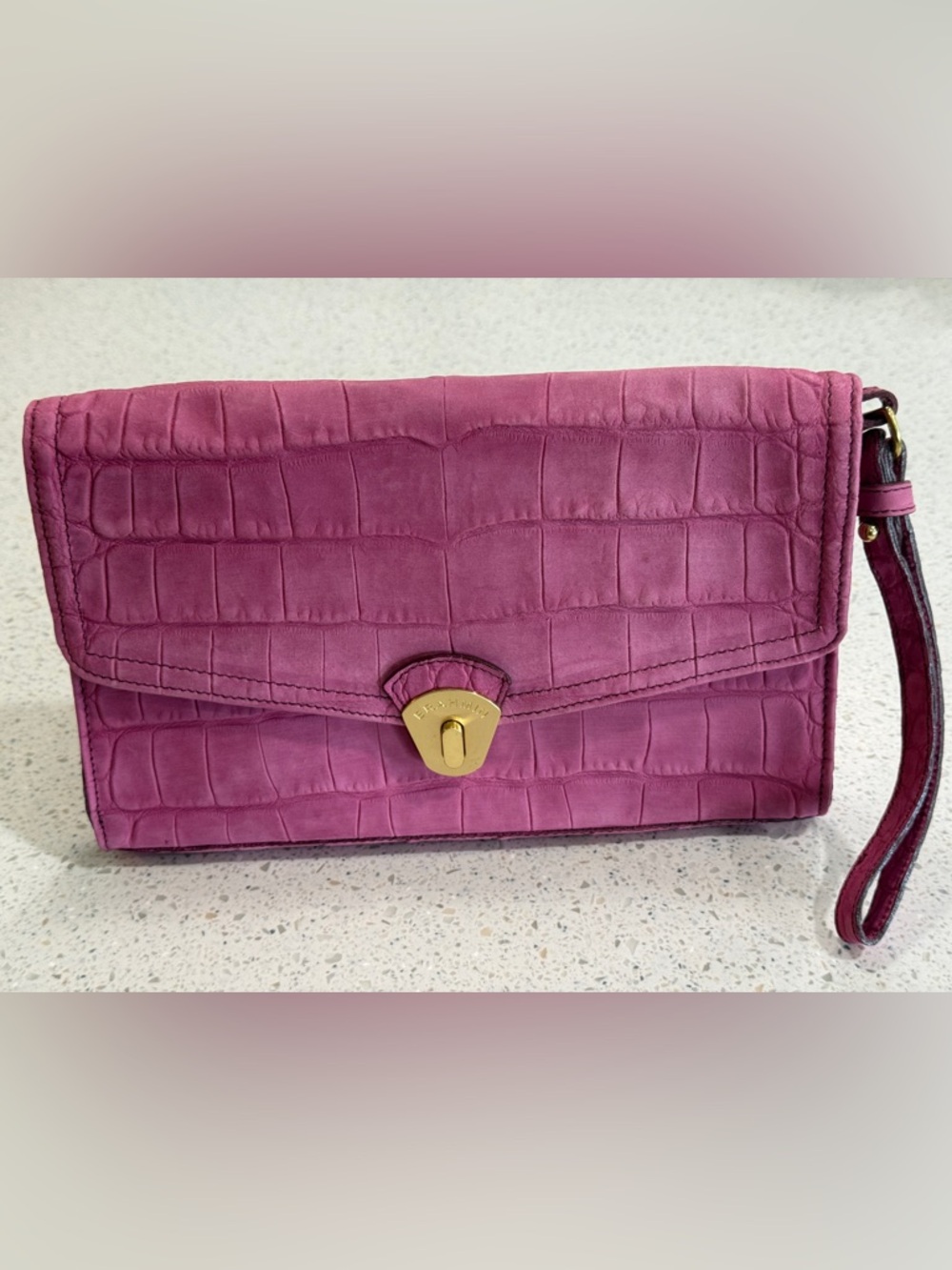 Brahmin Raspberry Croc-Embossed Wristlet Clutch with Gold Hardware